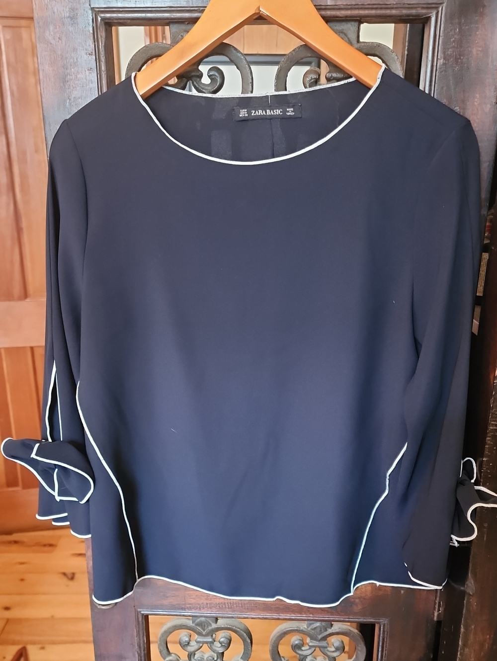 Zara Navy Long-Sleeve Top with White Piping